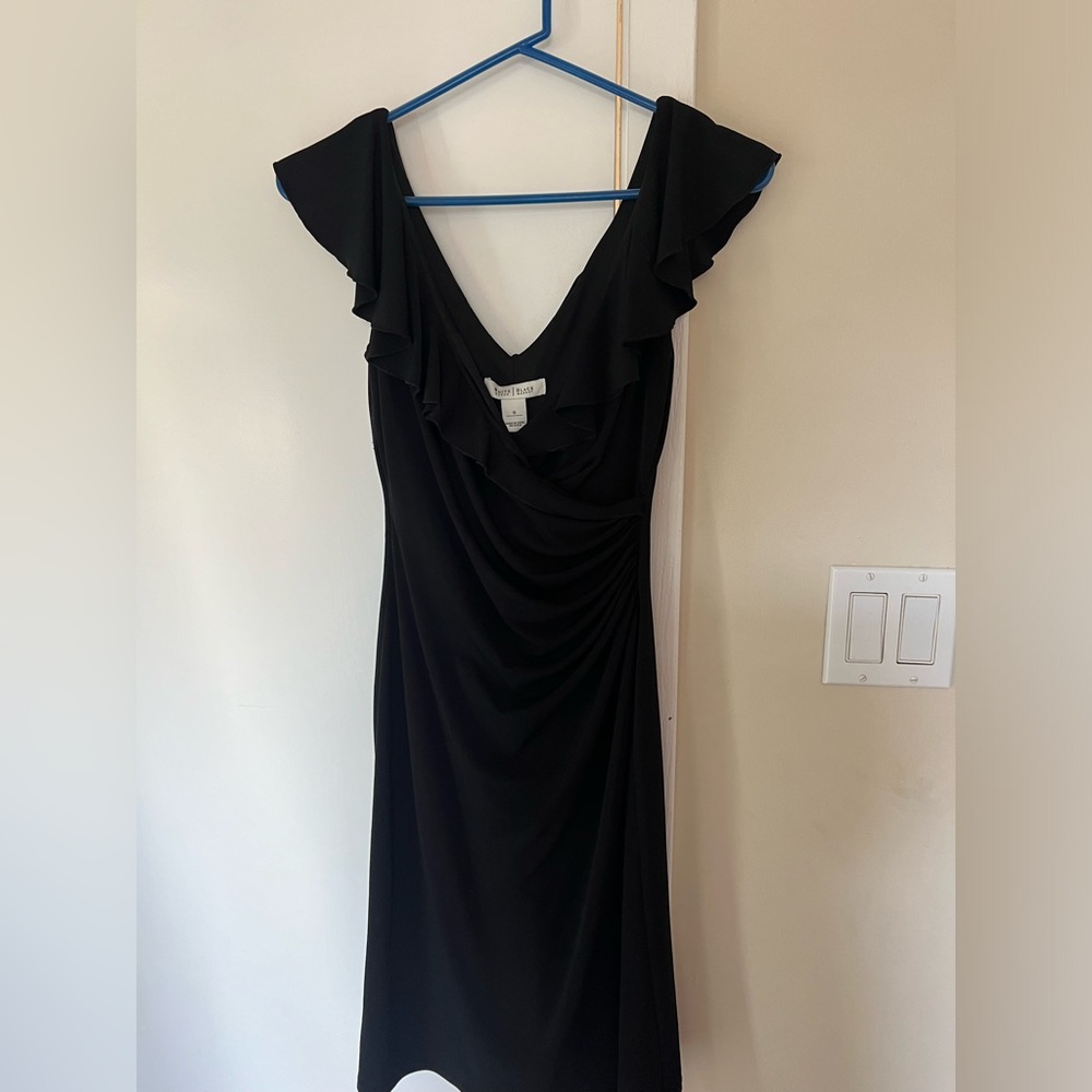 WHITE HOUSE BLACK MARKET Black Ruched Ruffle V-Neck Mock Wrap Slip Dress Sz 0
